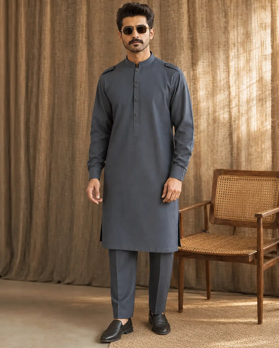 Karimi Mens Wear Charcoal Prestige 2026 Charcoal X-Large 100% Polyester Blended Fabric Mens Kurta Variant 04 - Mens Kurta in Charcoal, X-Large, front product view