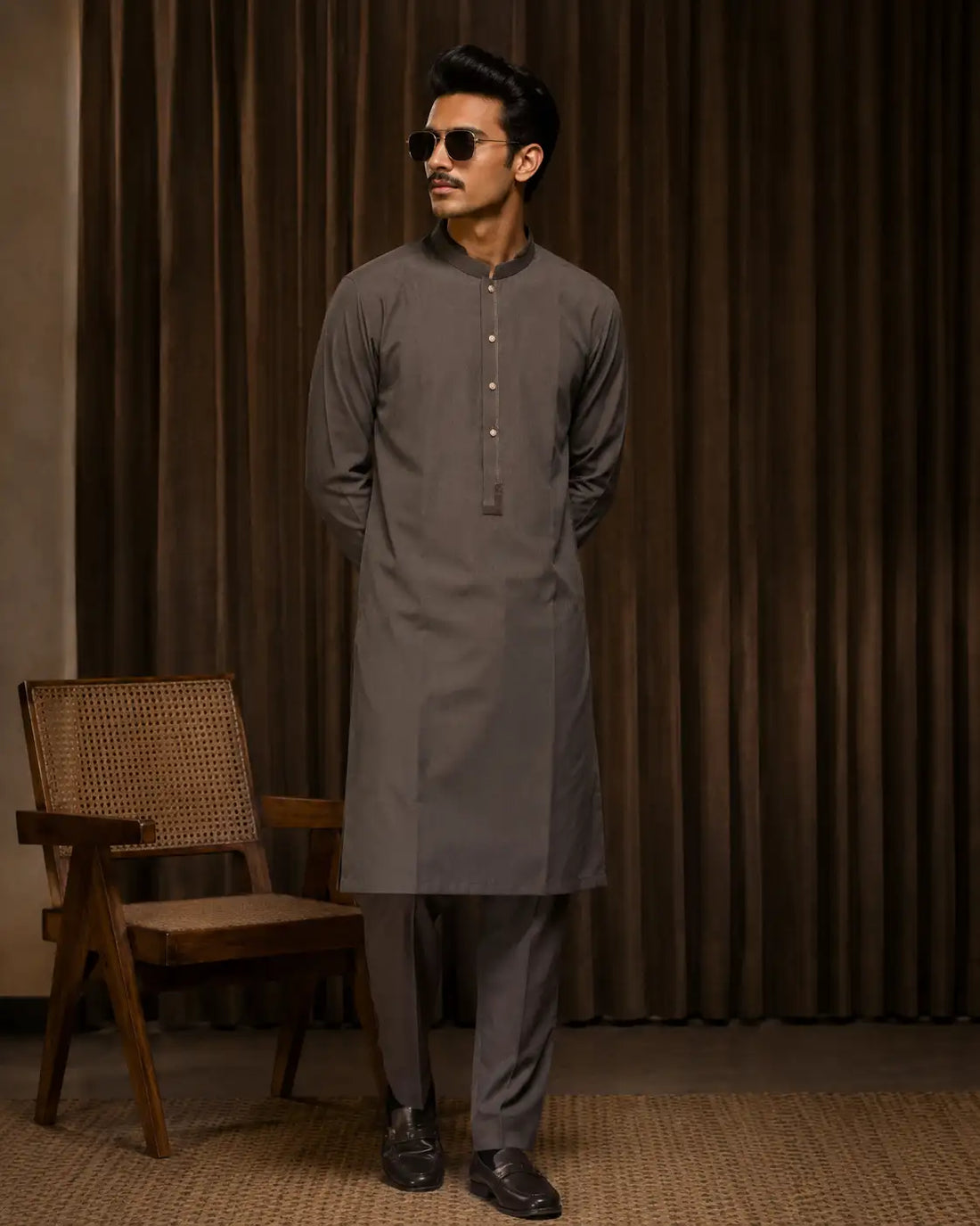 Karimi Mens Wear Charcoal Prestige 2026 Charcoal X-Large 100% Polyester Blended Fabric Mens Kurta Pajama Set Variant 04 - Mens Kurta Pajama Set in Charcoal, X-Large, front product view