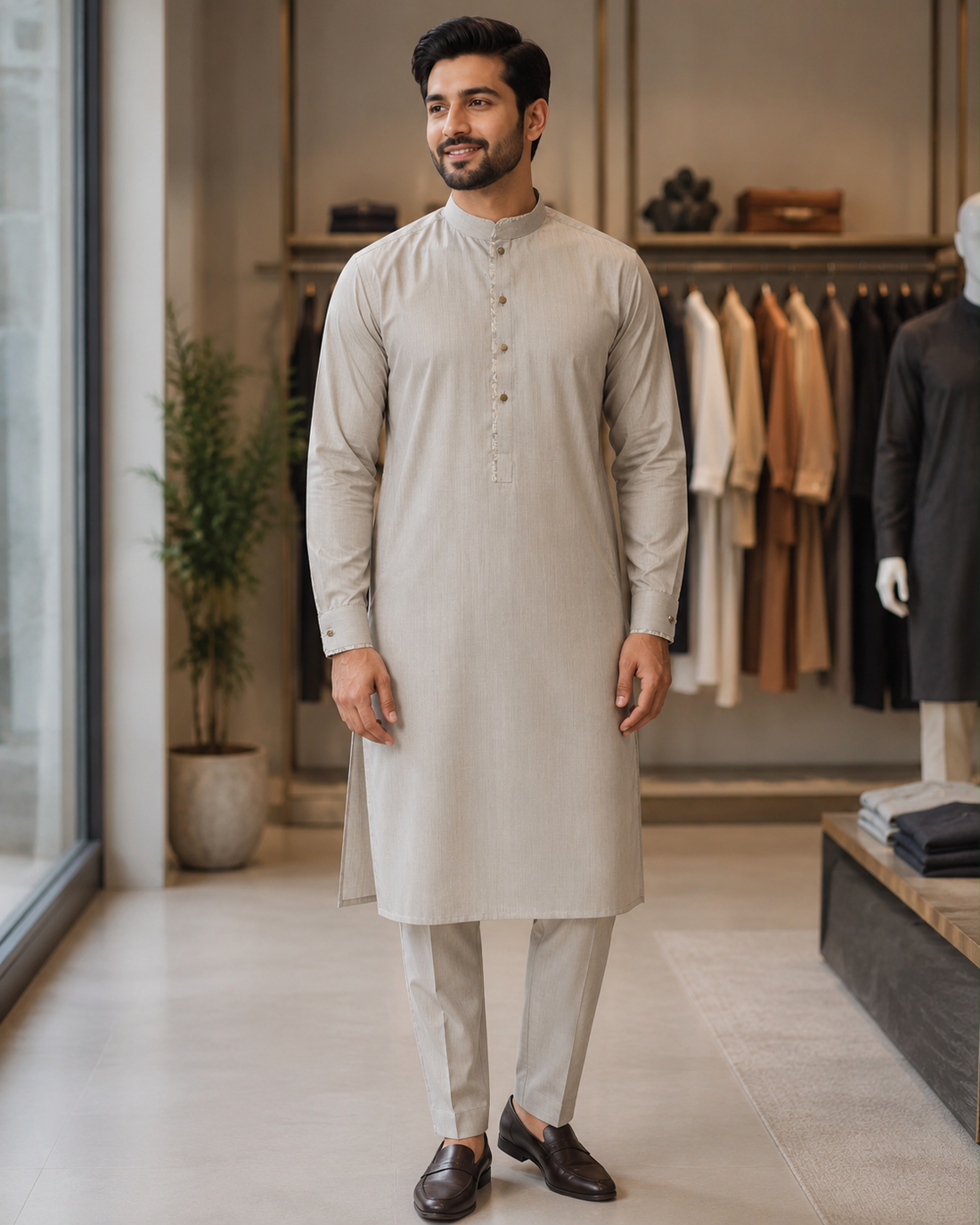 Karimi Mens Wear Signature Neutrals Small Maroon 2026 100% Polyester Blended Fabric Mens Kurta Pajama Set Variant 01 - Mens Kurta Pajama Set in Maroon, Small, front product view