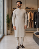 Beige Gold Textured Detailed Kurta Pajama For Men's