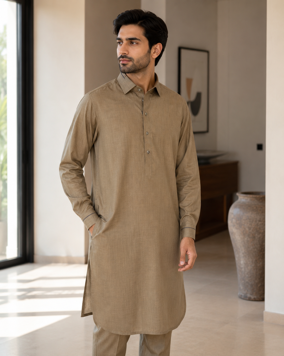 Karimi Mens Wear Verdant Royal 2026 Cream 10 Years 100% Polyester Blended Fabric Boys Kurta Pajama Set Variant 03 - Boys Kurta Pajama Set in Cream, 10 Years, front product view