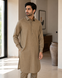 Khakhi Mud Textured Detailed Kurta Pajama For Men's