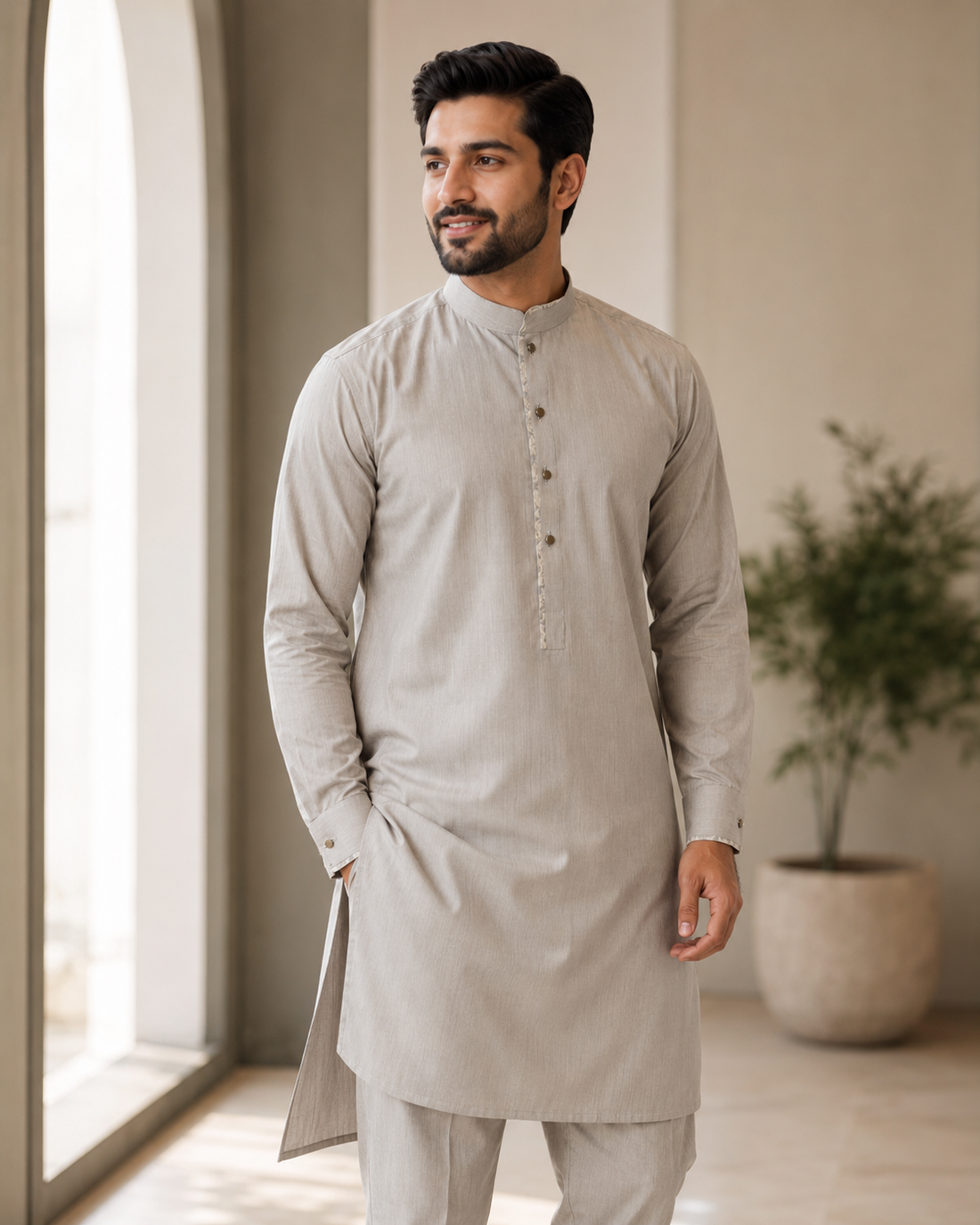 Karimi Mens Wear Signature Neutrals Small Maroon 2026 100% Polyester Blended Fabric Mens Kurta Pajama Set Variant 01 - Mens Kurta Pajama Set in Maroon, Small, front product view