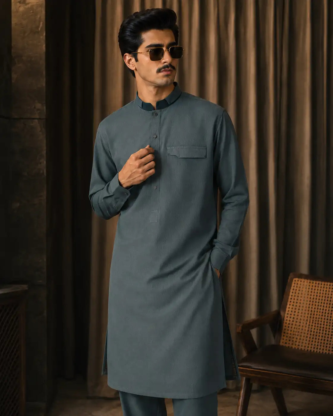 Karimi Mens Wear Bosky Spectrum Silver Sage One Size 2026 100% Polyester Blended Fabric Mens Eastern Wear Set Variant 04 - Mens Eastern Wear Set in Silver Sage, One Size, front product view