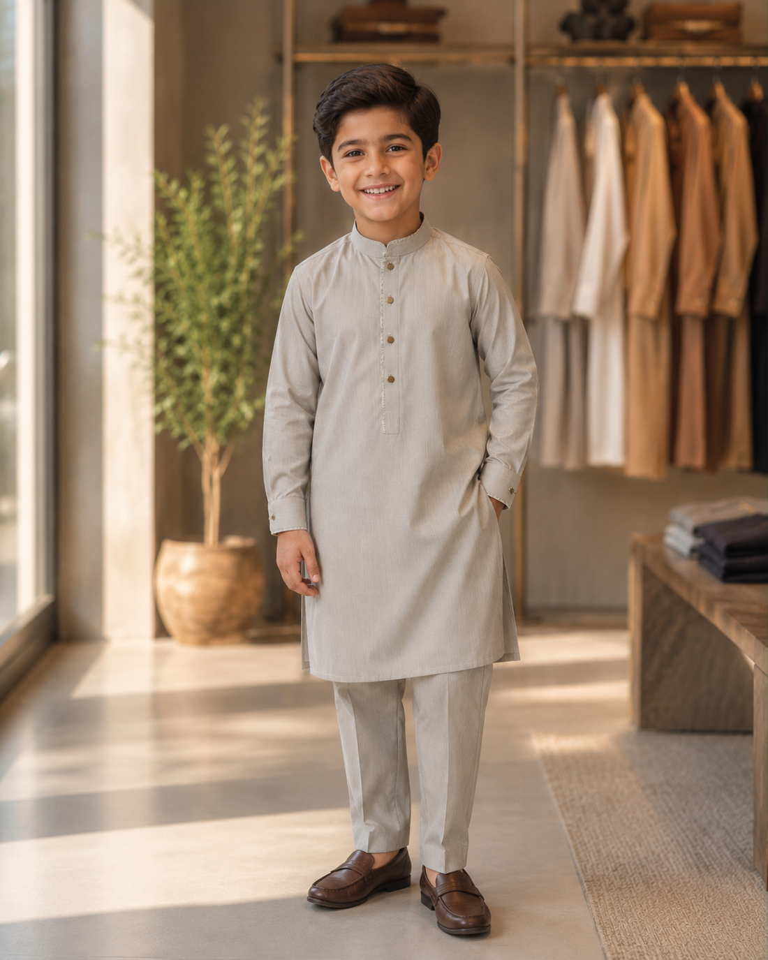 Karimi Mens Wear 2026 Coastal Signature Sage Grey 100% Polyester Blended Fabric One Size Boys Kurta Pajama Set Variant 02 - Boys Kurta Pajama Set in Sage Grey, One Size, front product view