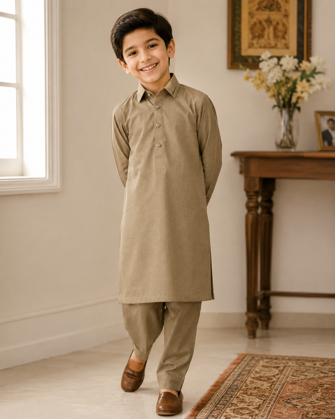Karimi Mens Wear Signature Neutrals 4 Years Maroon 2026 100% Polyester Blended Fabric Boys Kurta Pajama Set Variant 01 - Boys Kurta Pajama Set in Maroon, 4 Years, front product view