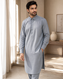 Ash Blue Detailing Kurta-Pajama For Men's