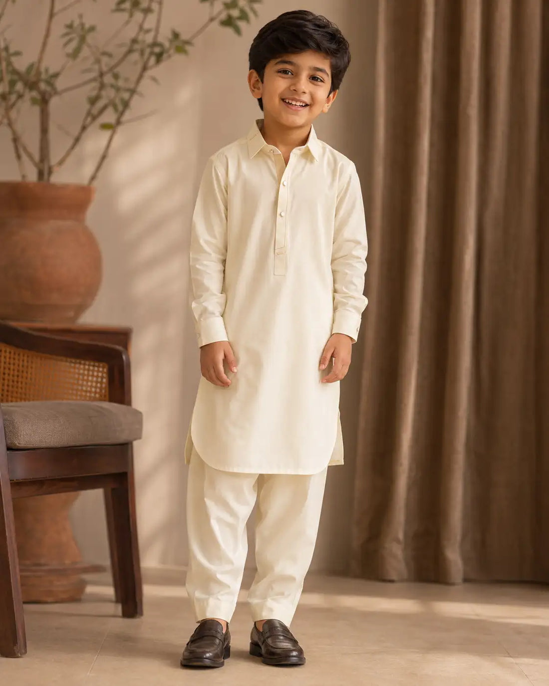Karimi Mens Wear Midnight Edition 4 Years Jet Black 2026 100% Polyester Blended Fabric Boys Kurta Pajama Set Variant 01 - Boys Kurta Pajama Set in Jet Black, 4 Years, front product view