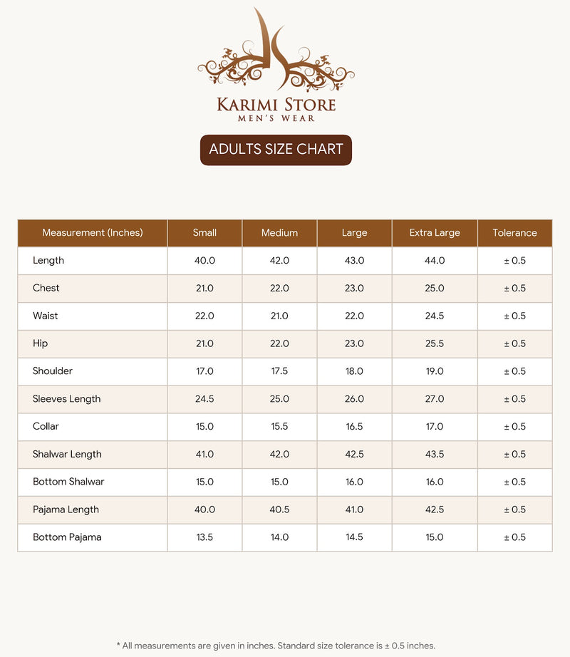 Karimi Comfy Pajama Collection Cotton Fabric Size Chart