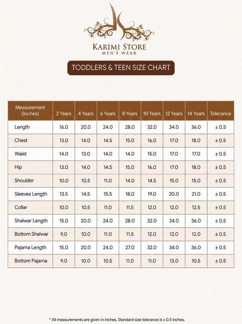 Karimi UL Luxury Blended Classic Fabric , Traditional Stitched Suit Kid's ULK-0008 Size Chart